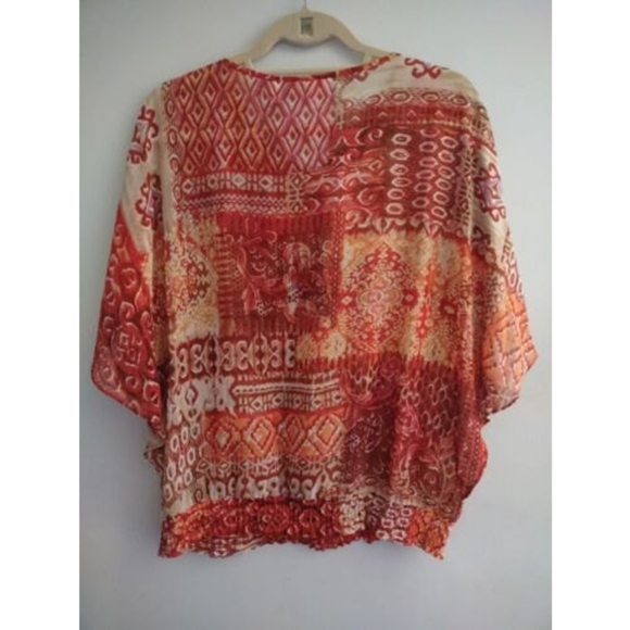 New Chico's  Sz 1 Medium Beaded Banded Waist Top Blouse Sheer Orange Print Red - Picture 4 of 4